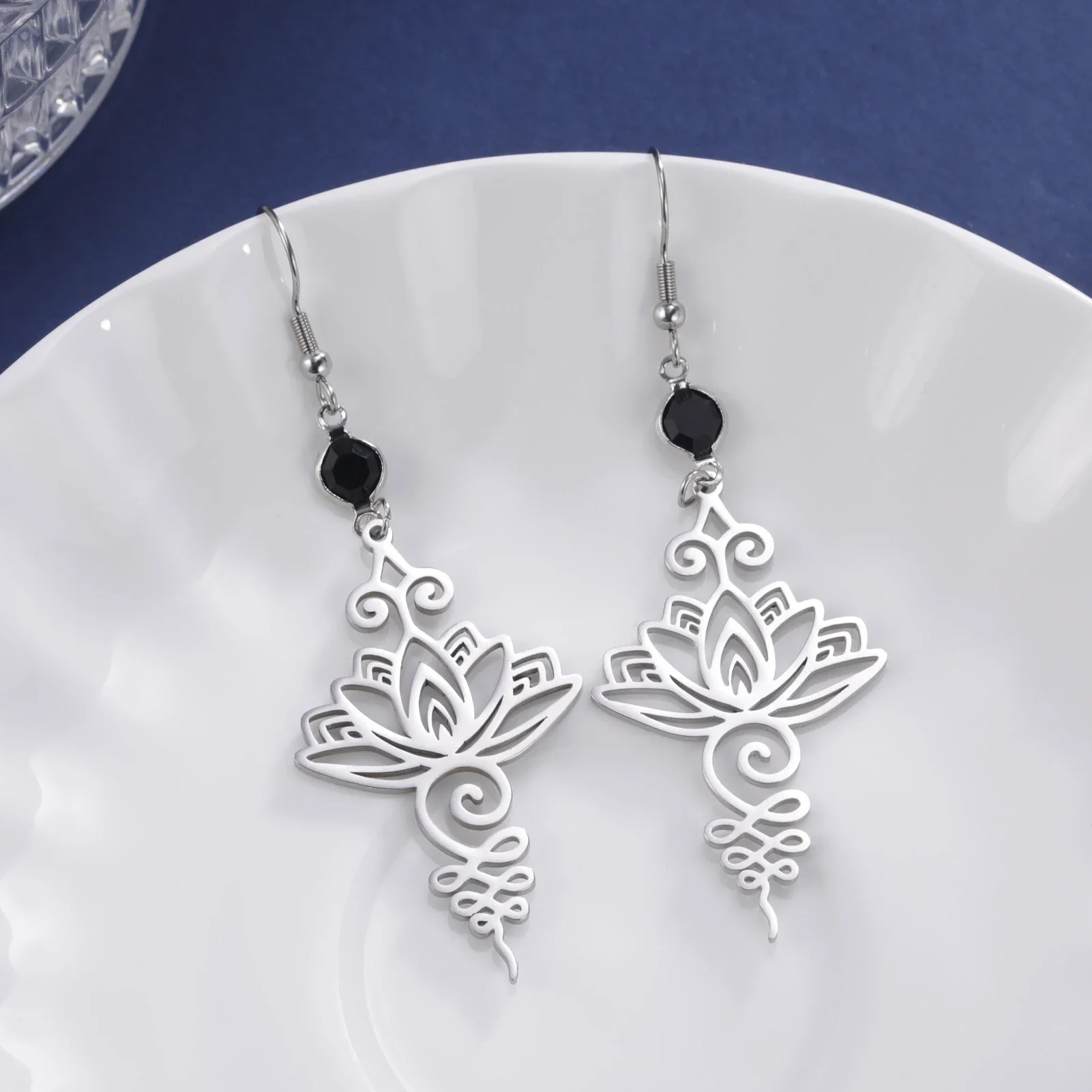 Skyrim Unalome Lotus Flower Dangle Earrings Stainless Steel Yoga Buddhism Pendant Drop Earring Spiritual Jewelry Gift for Women