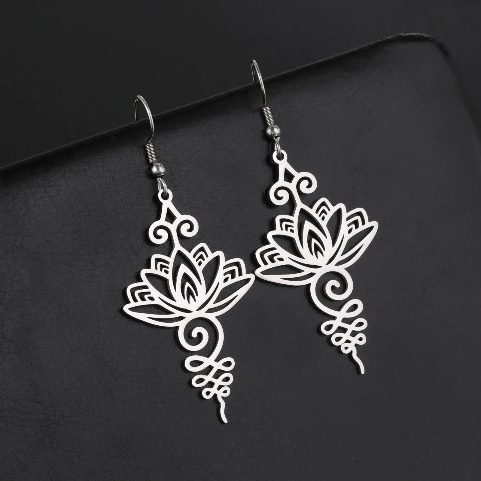 Skyrim Unalome Lotus Flower Dangle Earrings Stainless Steel Yoga Buddhism Pendant Drop Earring Spiritual Jewelry Gift for Women