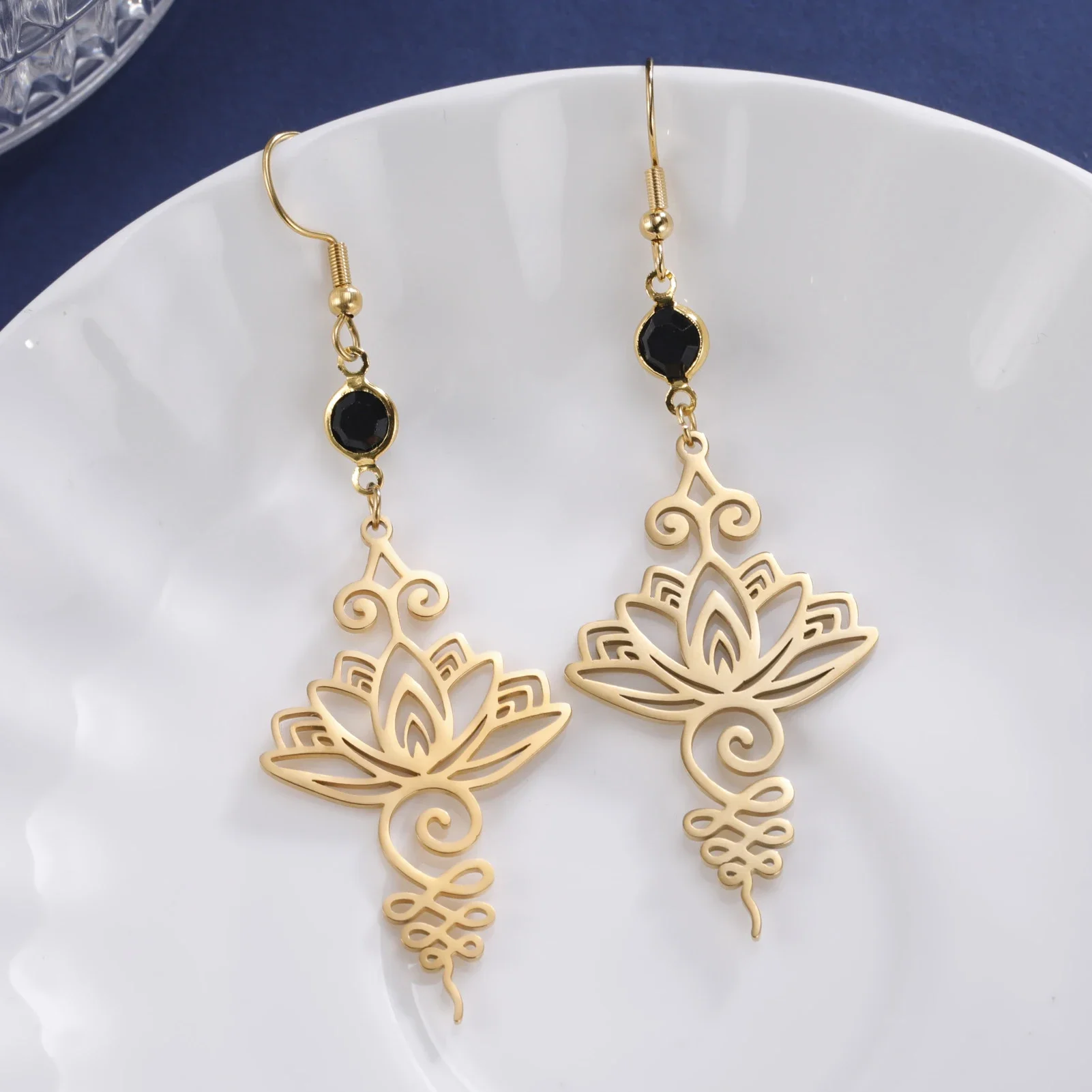 Skyrim Unalome Lotus Flower Dangle Earrings Stainless Steel Yoga Buddhism Pendant Drop Earring Spiritual Jewelry Gift for Women