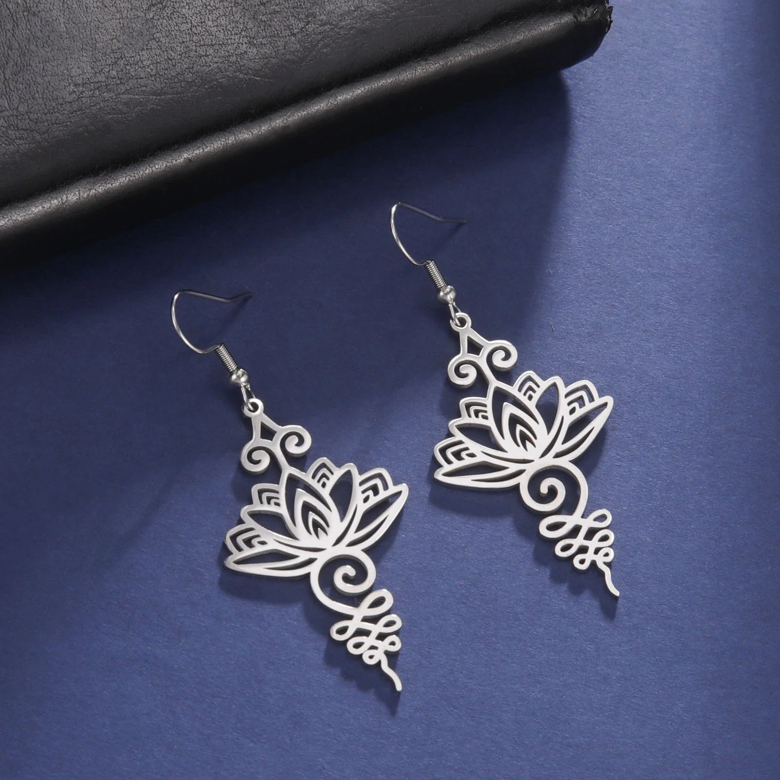 Skyrim Unalome Lotus Flower Dangle Earrings Stainless Steel Yoga Buddhism Pendant Drop Earring Spiritual Jewelry Gift for Women