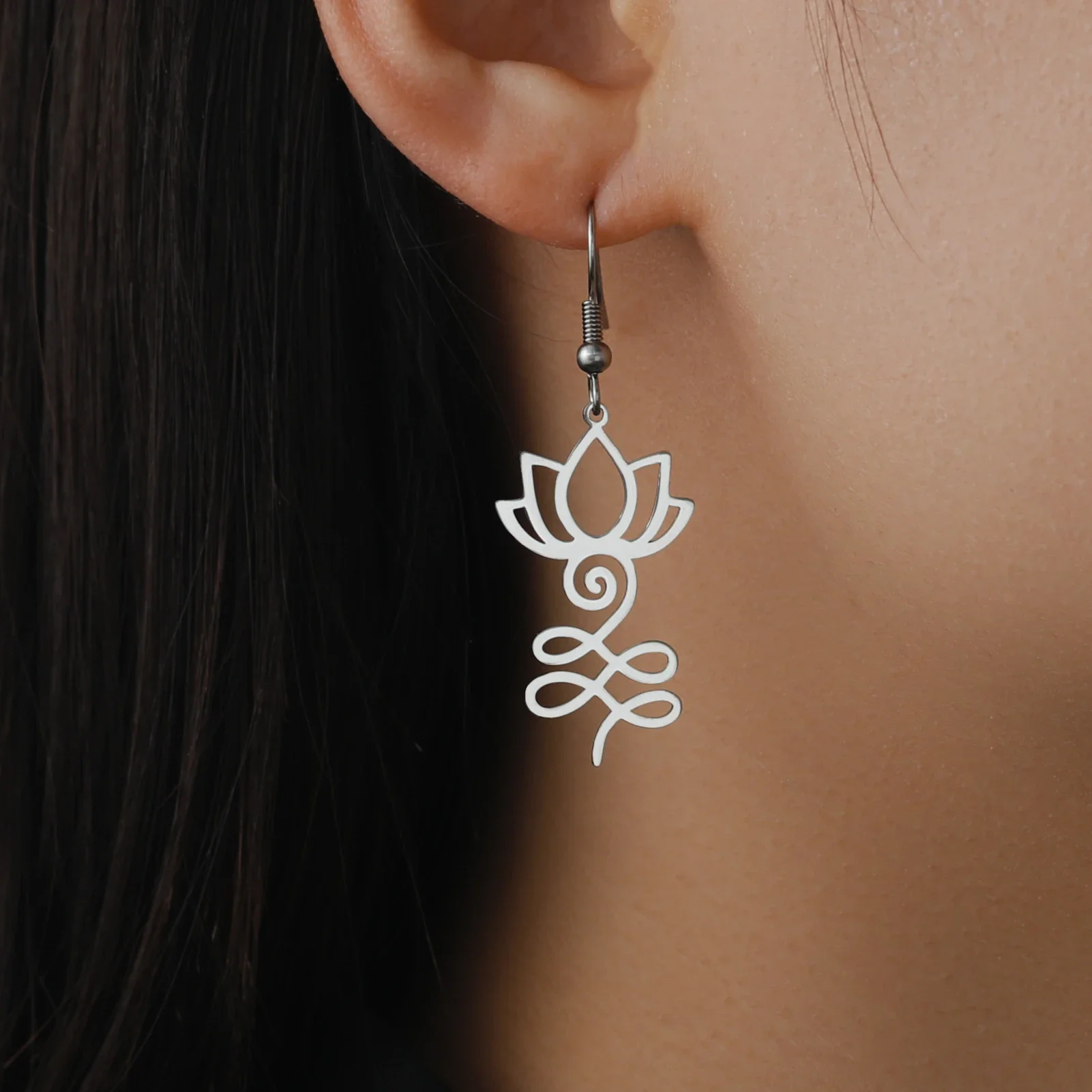 Skyrim Unalome Lotus Flower Dangle Earrings Stainless Steel Yoga Buddhism Pendant Drop Earring Spiritual Jewelry Gift for Women