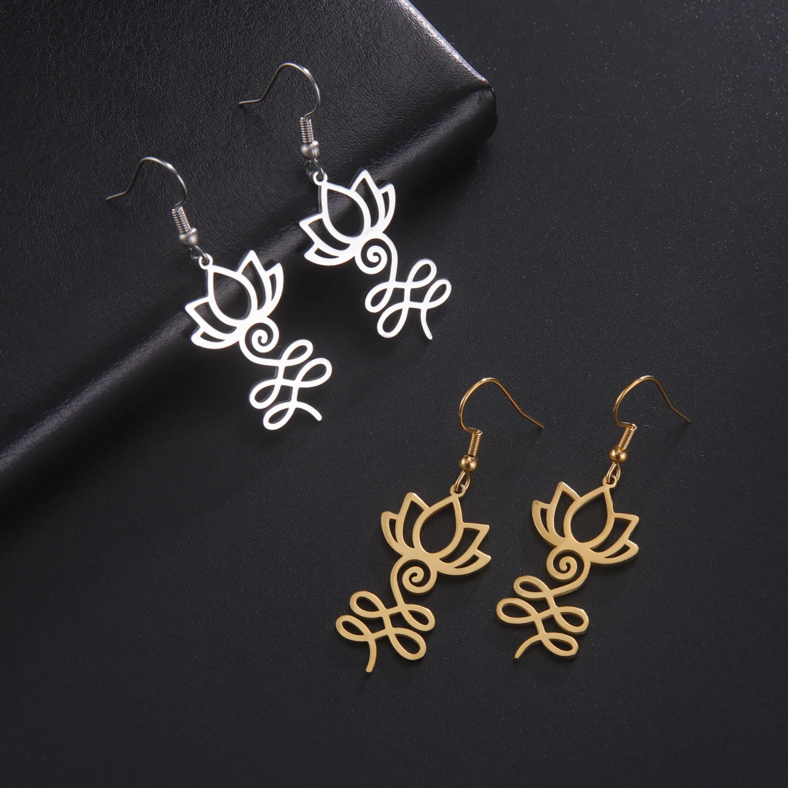 Skyrim Unalome Lotus Flower Dangle Earrings Stainless Steel Yoga Buddhism Pendant Drop Earring Spiritual Jewelry Gift for Women