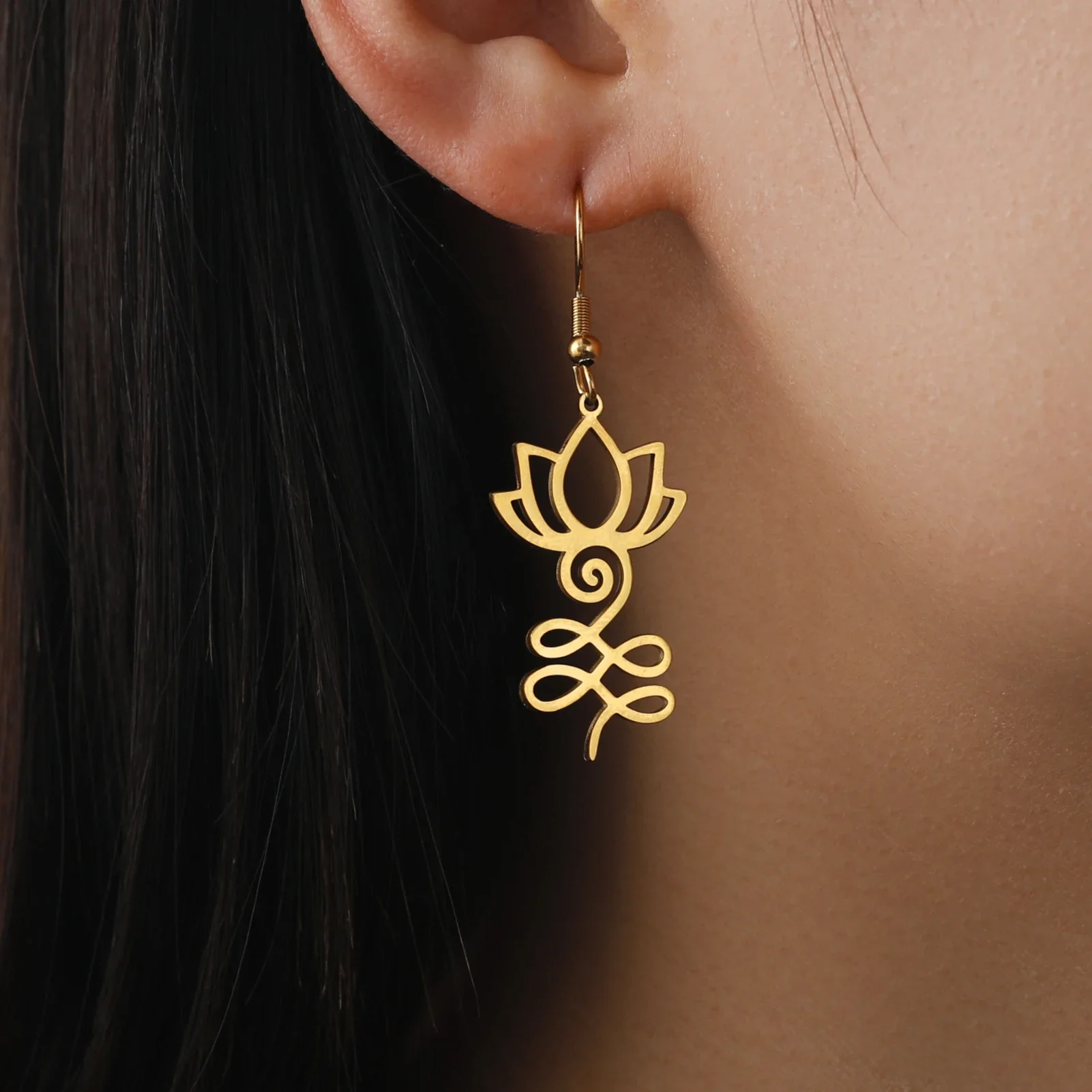 Skyrim Unalome Lotus Flower Dangle Earrings Stainless Steel Yoga Buddhism Pendant Drop Earring Spiritual Jewelry Gift for Women