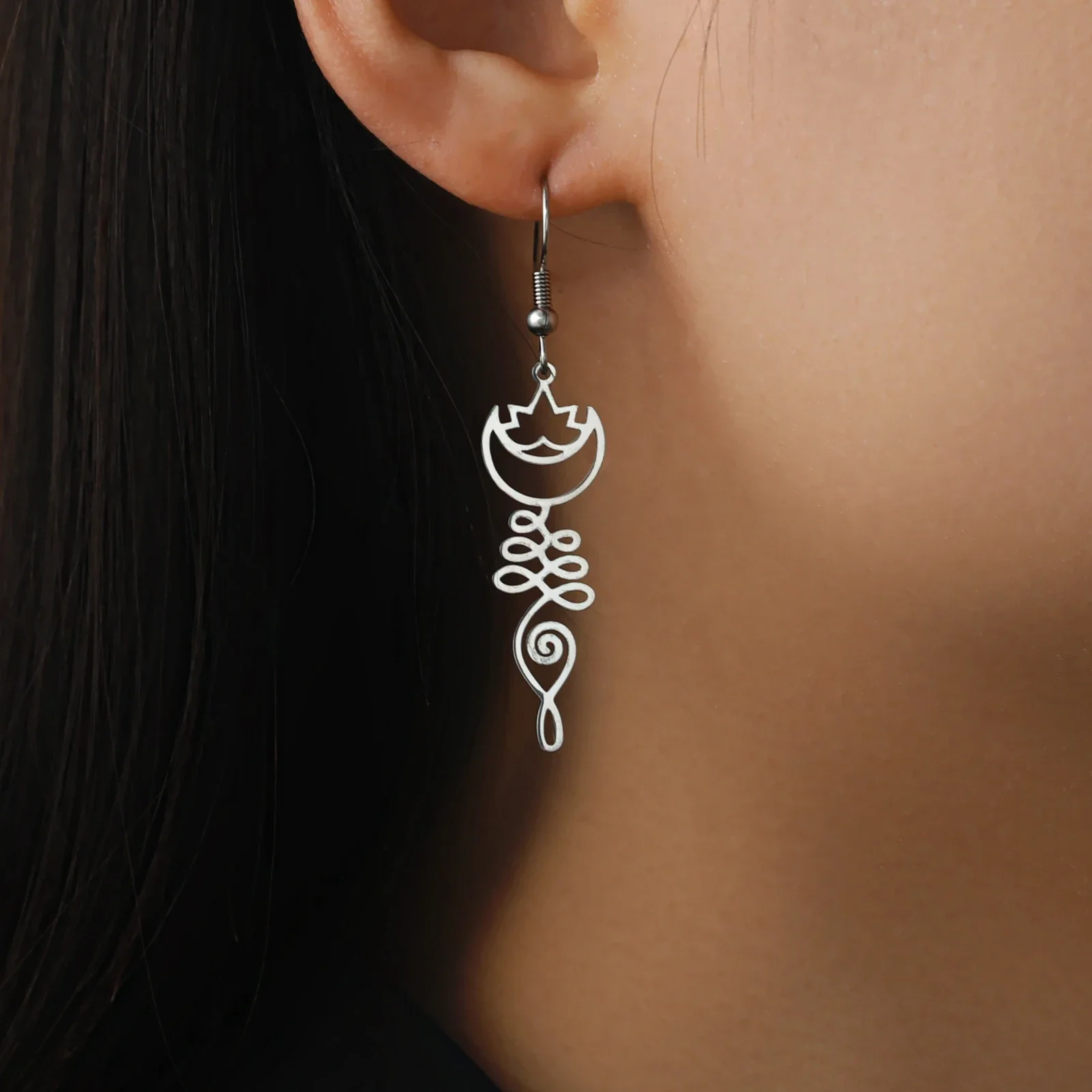Skyrim Unalome Lotus Flower Dangle Earrings Stainless Steel Yoga Buddhism Pendant Drop Earring Spiritual Jewelry Gift for Women
