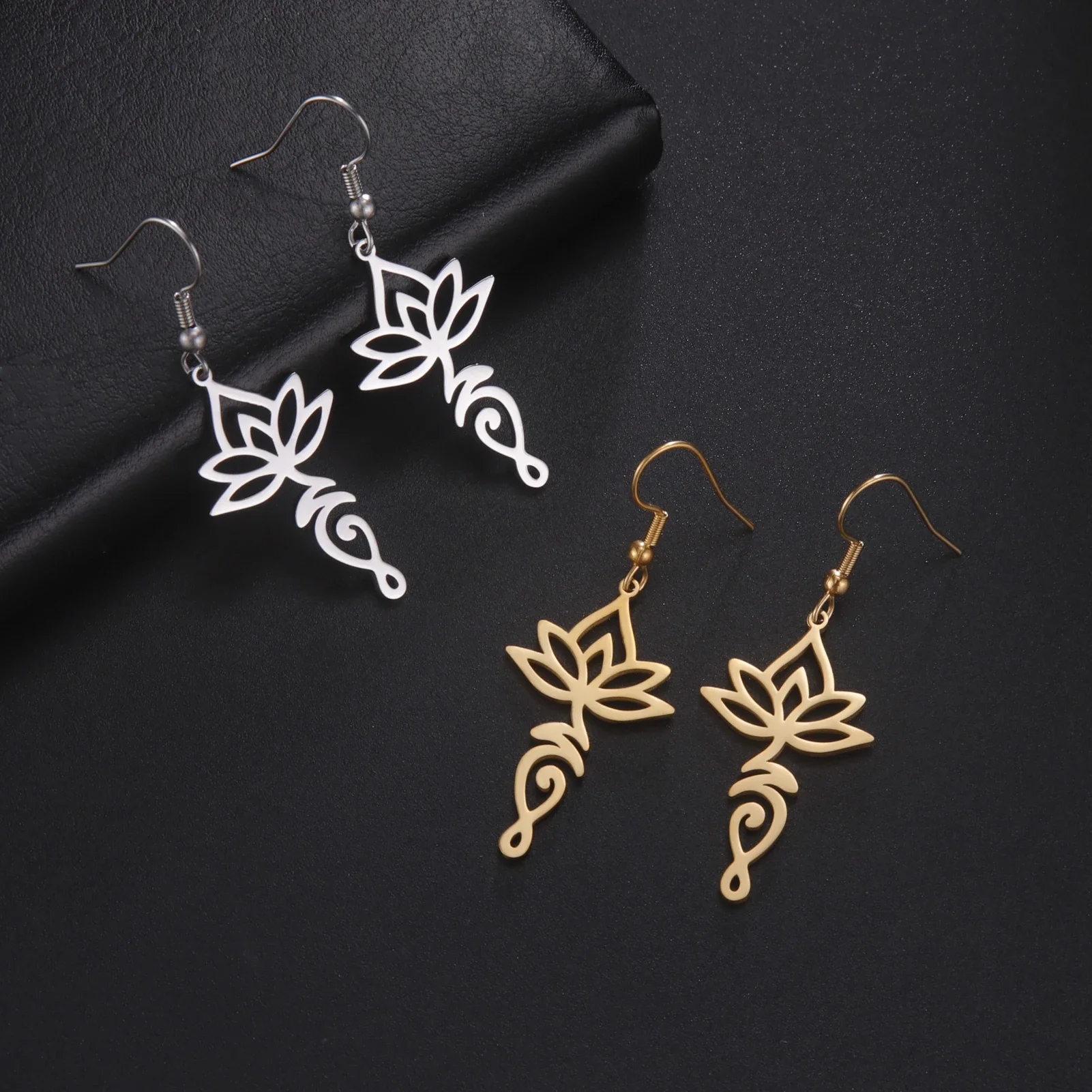 Skyrim Unalome Lotus Flower Dangle Earrings Stainless Steel Yoga Buddhism Pendant Drop Earring Spiritual Jewelry Gift for Women