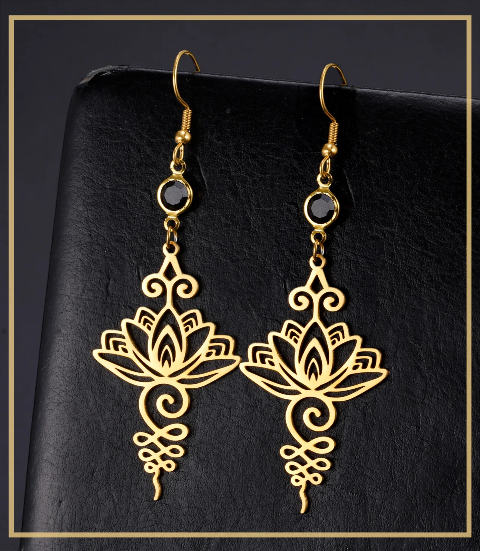 Skyrim Unalome Lotus Flower Dangle Earrings Stainless Steel Yoga Buddhism Pendant Drop Earring Spiritual Jewelry Gift for Women