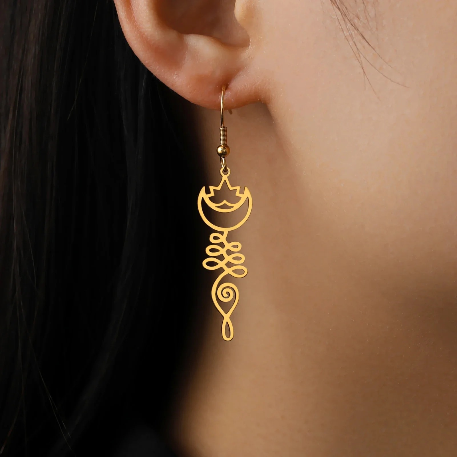 Skyrim Unalome Lotus Flower Dangle Earrings Stainless Steel Yoga Buddhism Pendant Drop Earring Spiritual Jewelry Gift for Women
