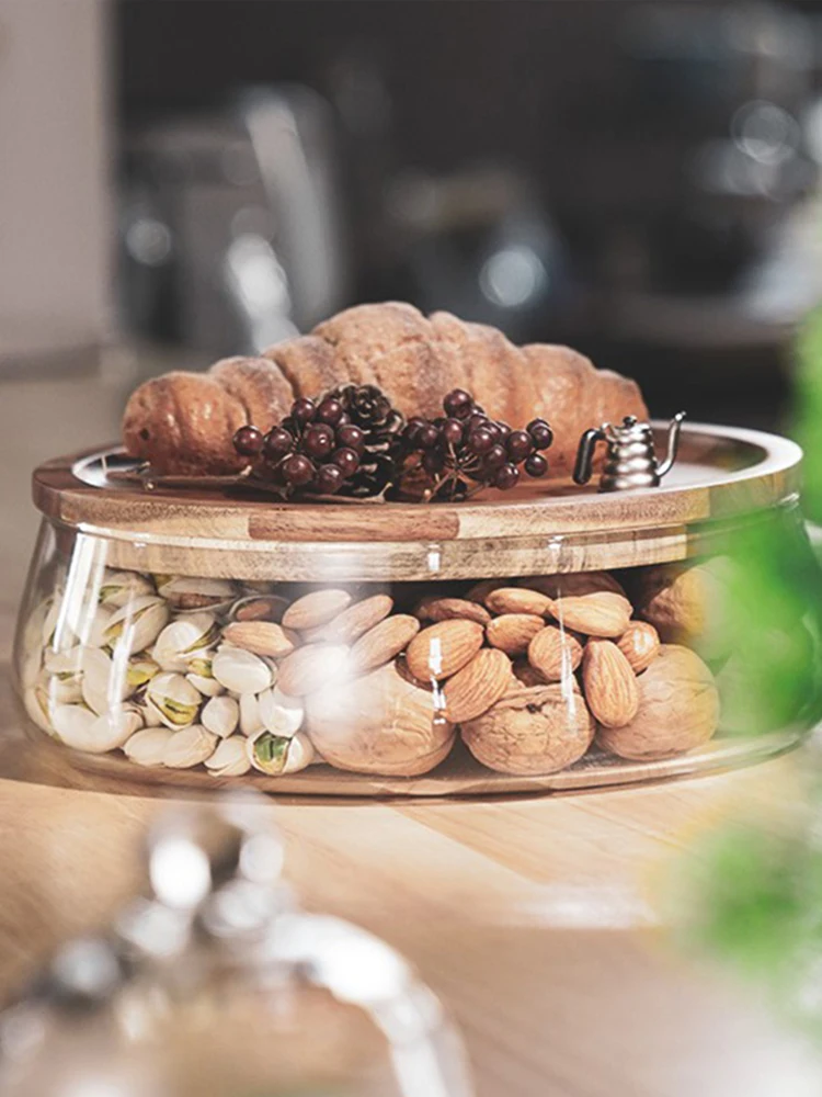 Creative Glass Food Storage Containers with Wooden Lid Kitchen Snack Fruit Candy Nut Sundries Storage Organizer for Kitchen