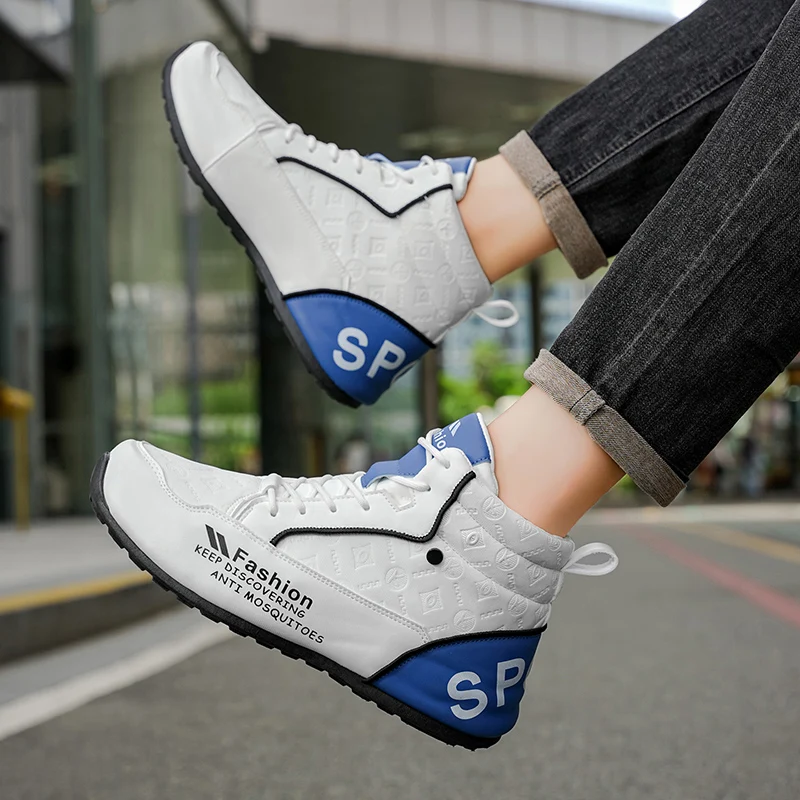 Mens Walking Shoes 2025 Autumn New High Top Outdoor Anti Slip Rubber Thick Sole Leisure Sneakers High-top Leather Shoes for Man