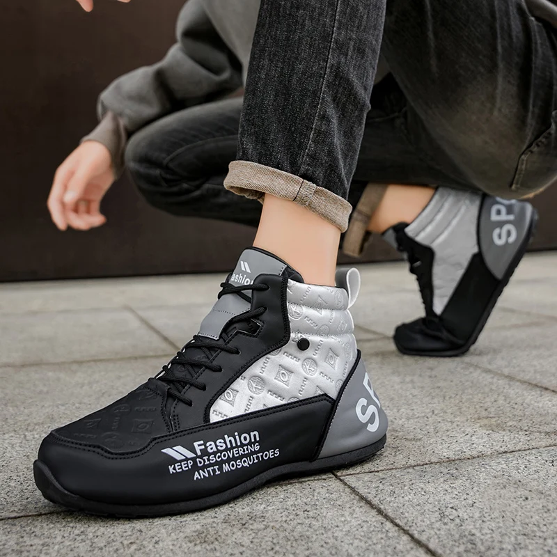 Mens Walking Shoes 2025 Autumn New High Top Outdoor Anti Slip Rubber Thick Sole Leisure Sneakers High-top Leather Shoes for Man