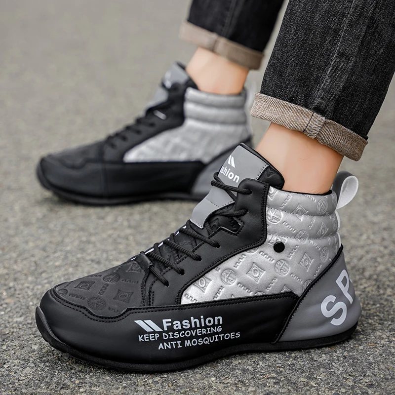 Mens Walking Shoes 2025 Autumn New High Top Outdoor Anti Slip Rubber Thick Sole Leisure Sneakers High-top Leather Shoes for Man