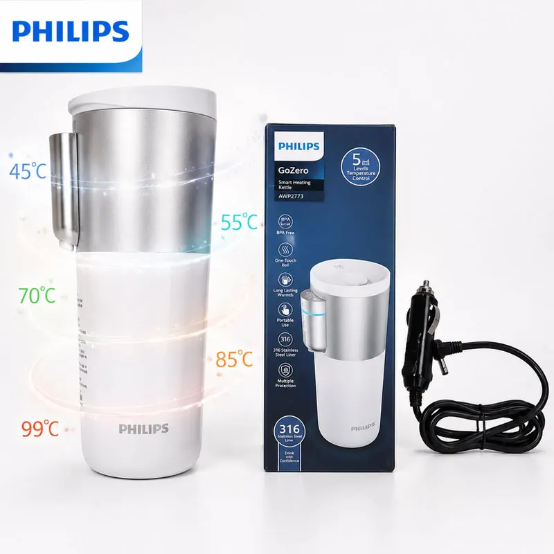 Philips Travel Portable Car Office Electric Heating Kettle Small 5 Gear Thermostat Thermal Bottle Boil Water Warm Cup