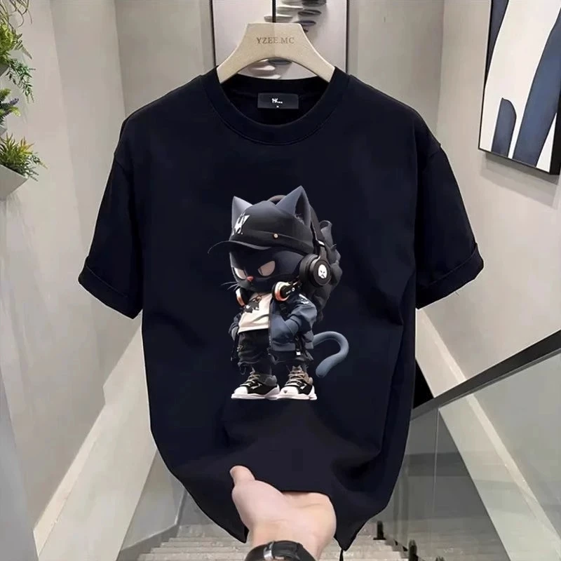 Men's Cotton T-shirts White 5XL T Shirt for Men Casual Summer Wear Anime Cat Print Tee Shirts Black Men Clothing