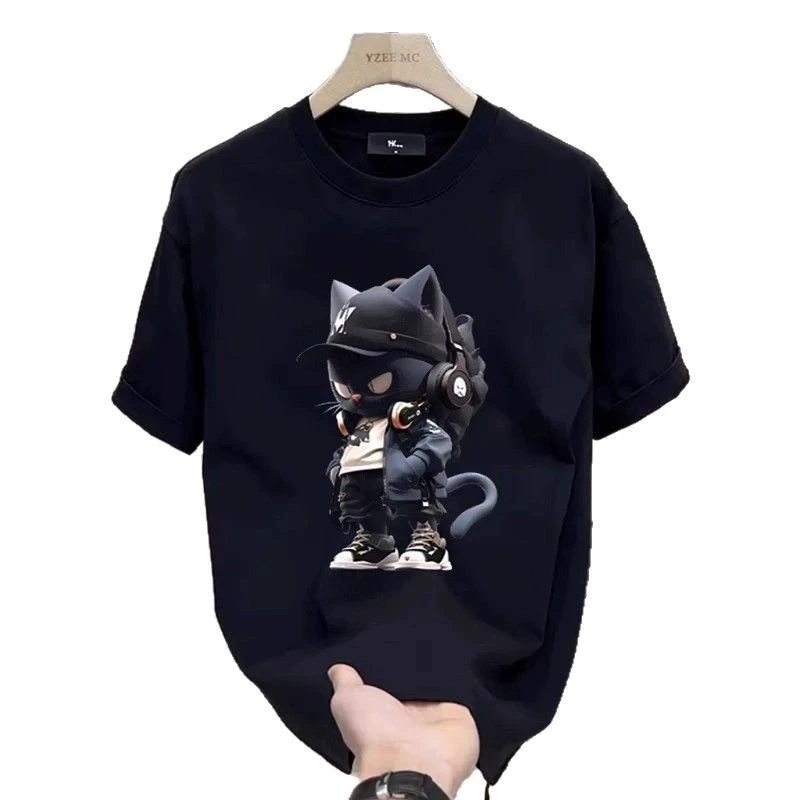 Men's Cotton T-shirts White 5XL T Shirt for Men Casual Summer Wear Anime Cat Print Tee Shirts Black Men Clothing