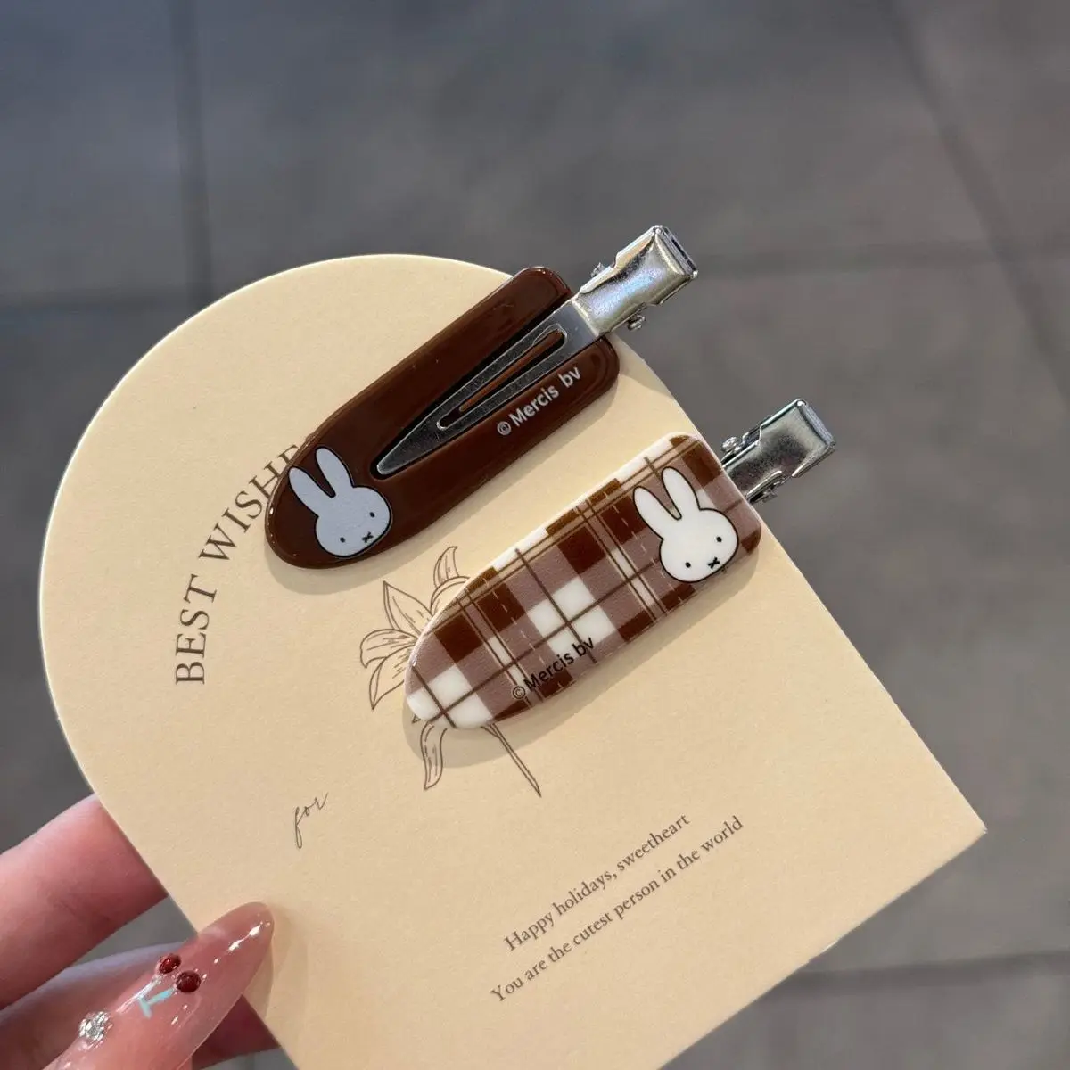 Kawaii Miffy Rabbit Hair Clip Coffee-colored Checkered Miffy Rabbit Traceless Clip Sweet and Retro Girl Cartoon Bangs Clip