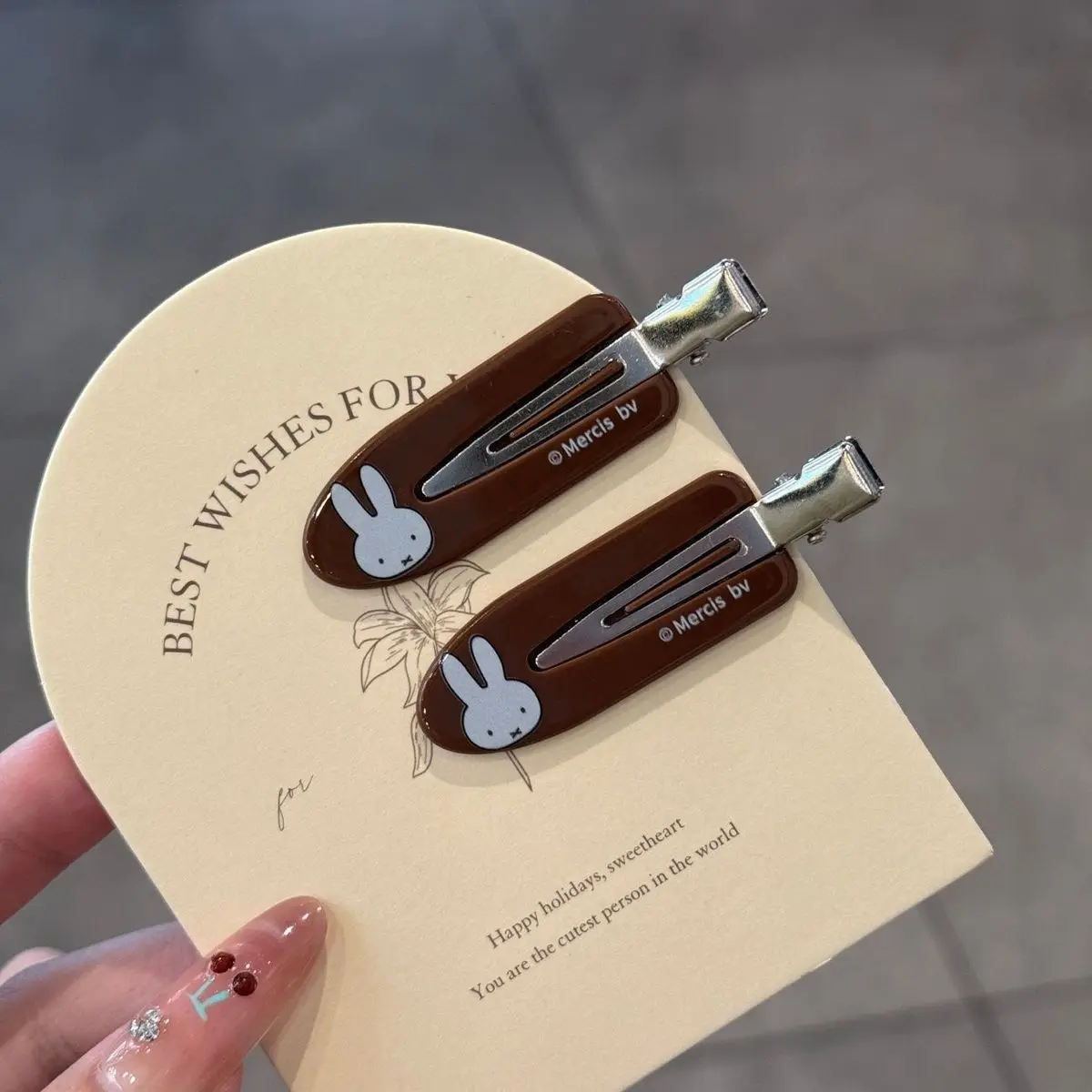 Kawaii Miffy Rabbit Hair Clip Coffee-colored Checkered Miffy Rabbit Traceless Clip Sweet and Retro Girl Cartoon Bangs Clip