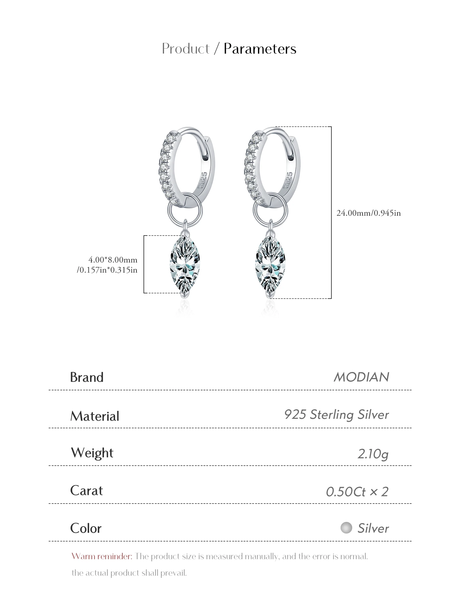 MODIAN 0.5Ct D Color Rhombic Moissanite Ear Buckles 925 Sterling Silver Luxury Shiny Hoop Earrings for Women Wedding Jewelry