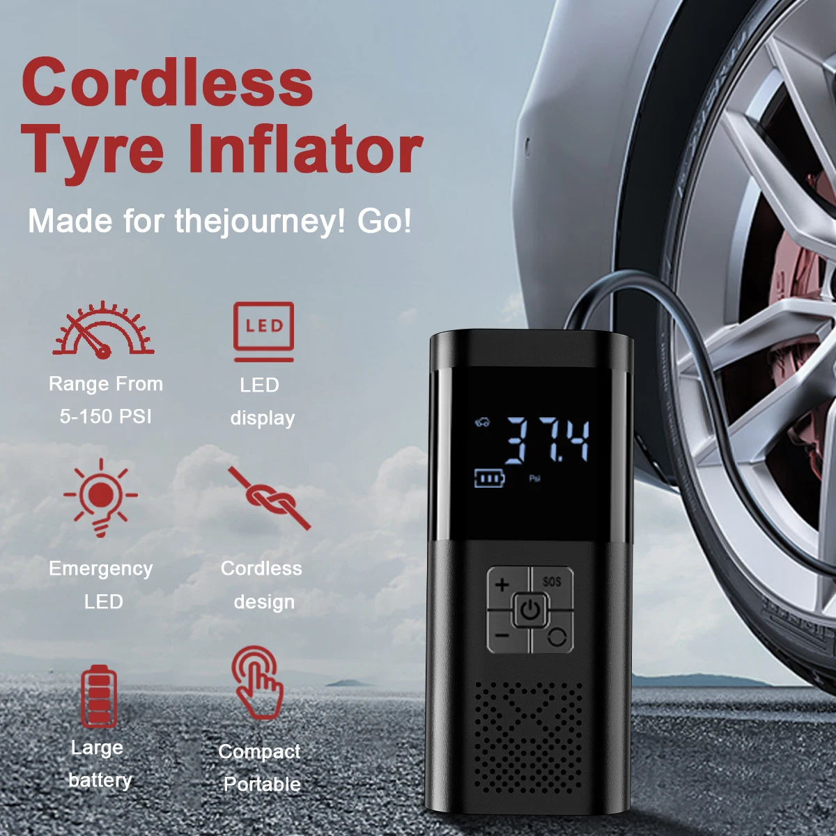 Upgraded Version Car Air Pump Cordless Portable Tire Inflator Mini Tyre Inflator 12V Car Air Compressor with Pressure Gauge