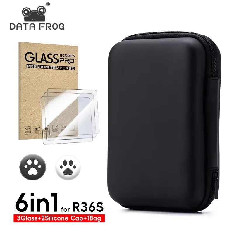 DATA FROG 6 IN 1 Protective Set for R36S Game Console Carrying Case with Tempered Glass Screen Protector Full Kit