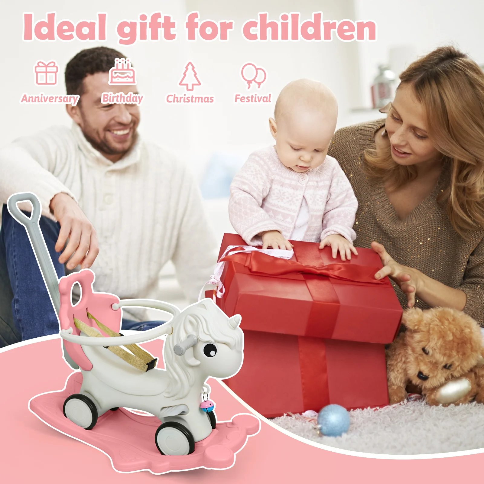 2 in 1 Toddler Rocking Horse, Unicorn Kids Ride On Toy with Safety Guardrail, Seat Belt & Wheels, Indoor Outdoor Play Gift for Boys Girls Ages 1-3