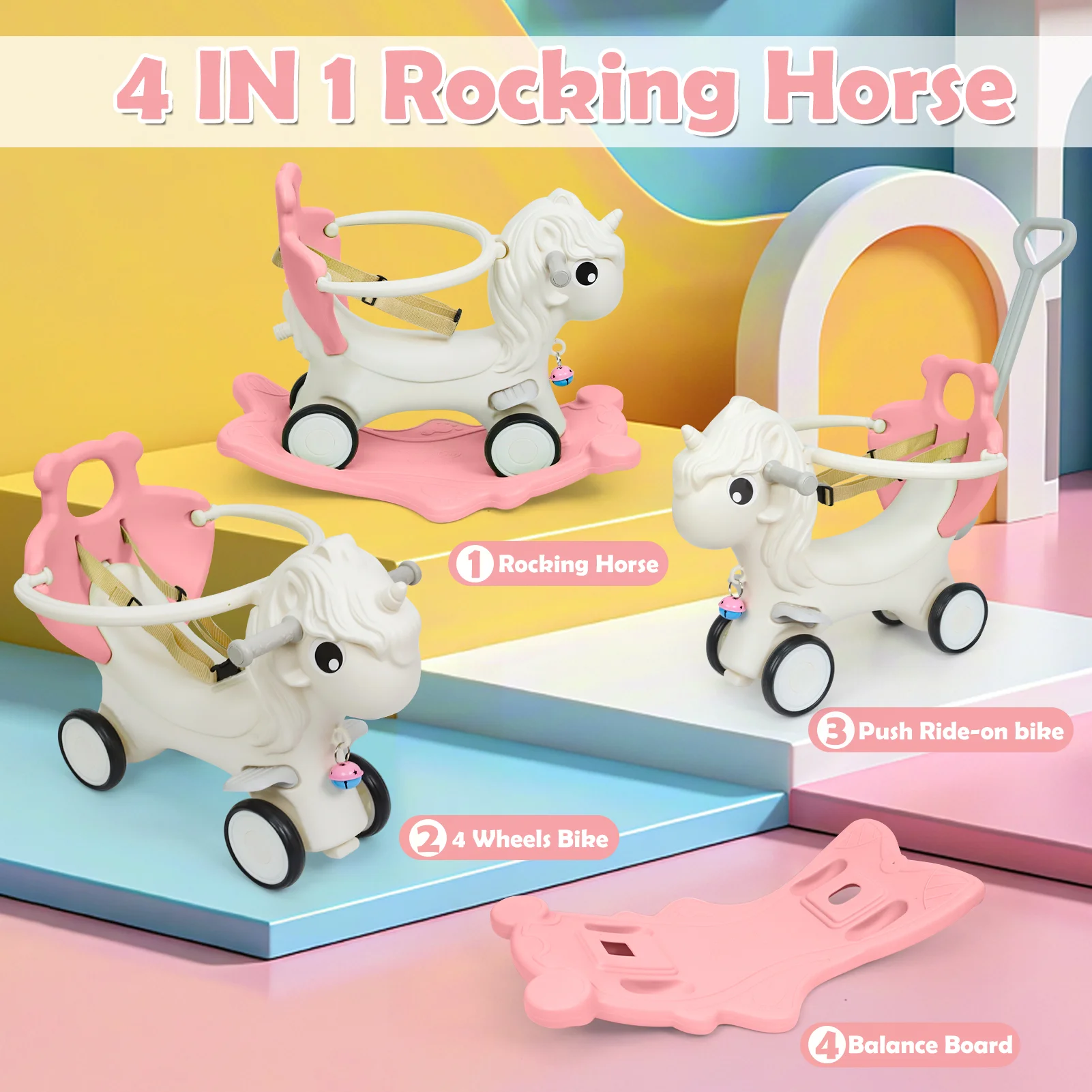 2 in 1 Toddler Rocking Horse, Unicorn Kids Ride On Toy with Safety Guardrail, Seat Belt & Wheels, Indoor Outdoor Play Gift for Boys Girls Ages 1-3