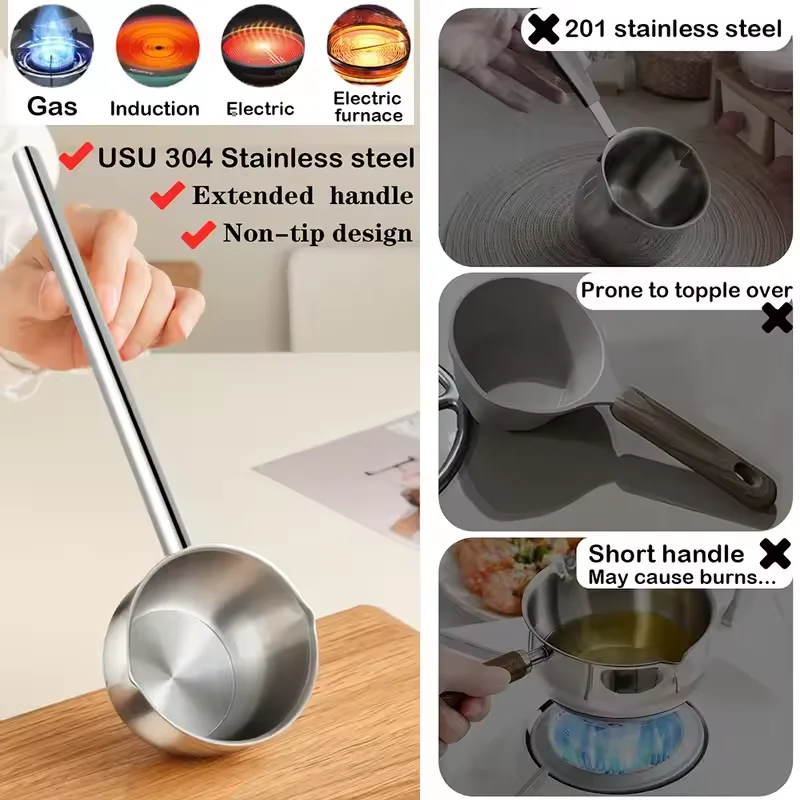 Stainless Steel Hot Oil Spoon With Extended Handle Anti-Burning And Anti-Splashing Small Pot For Oil Pouring Kitchen Tool