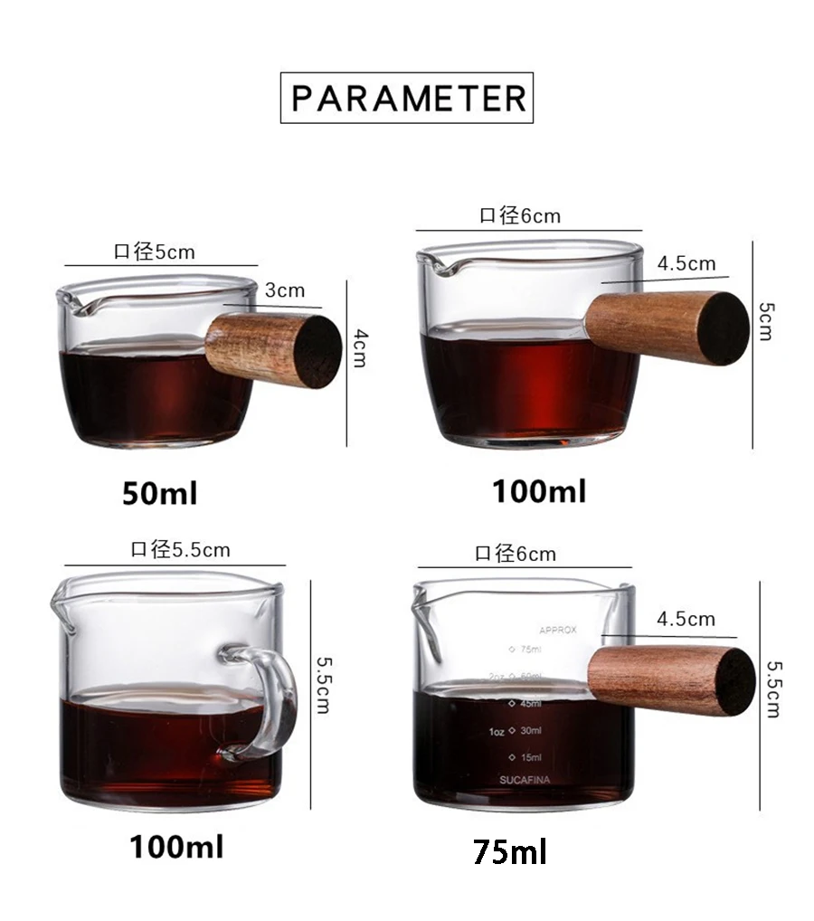 50/75/100ML Espresso Measuring Cup with Wooden Handle Double/Single Spouts Clear Coffee Shot Glass Heat Resistant Retro Milk Jug
