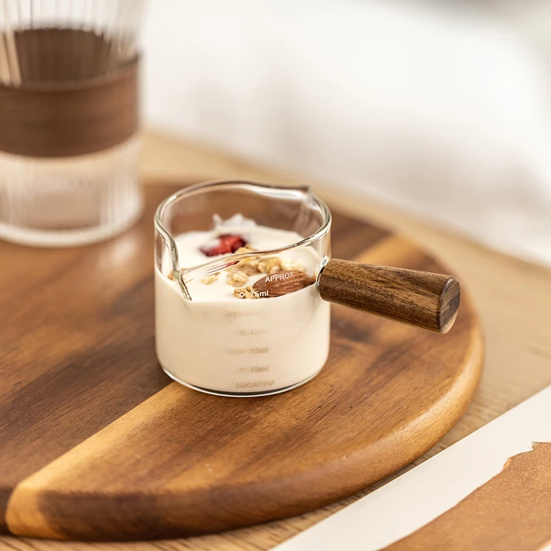 50/75/100ML Espresso Measuring Cup with Wooden Handle Double/Single Spouts Clear Coffee Shot Glass Heat Resistant Retro Milk Jug