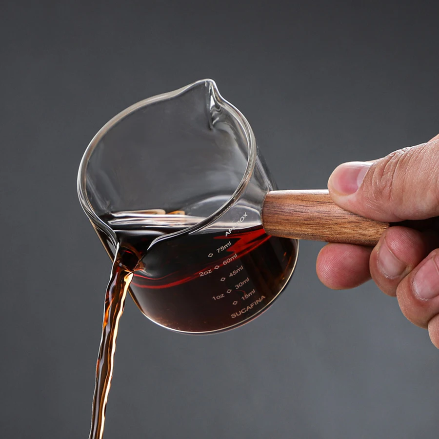 50/75/100ML Espresso Measuring Cup with Wooden Handle Double/Single Spouts Clear Coffee Shot Glass Heat Resistant Retro Milk Jug