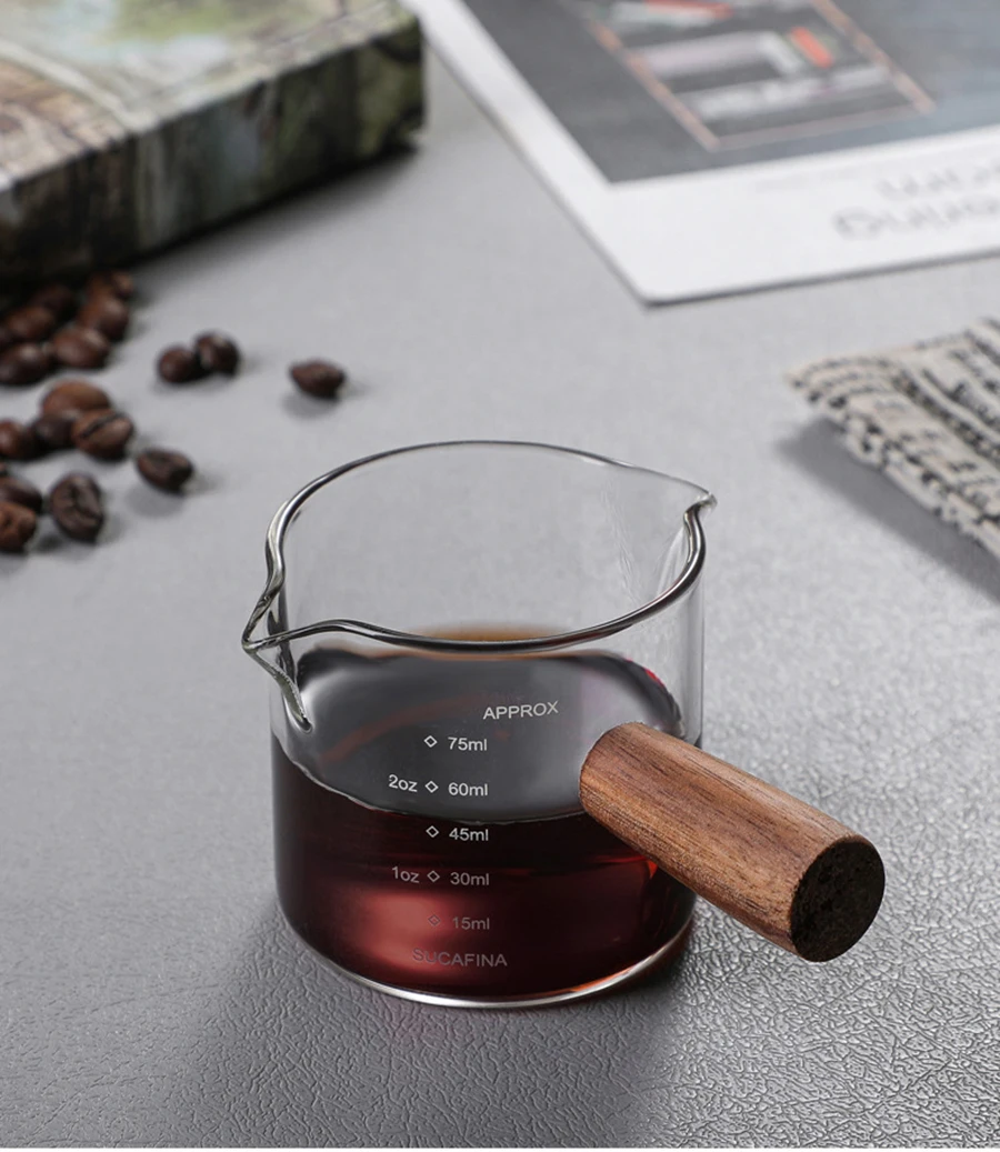 50/75/100ML Espresso Measuring Cup with Wooden Handle Double/Single Spouts Clear Coffee Shot Glass Heat Resistant Retro Milk Jug