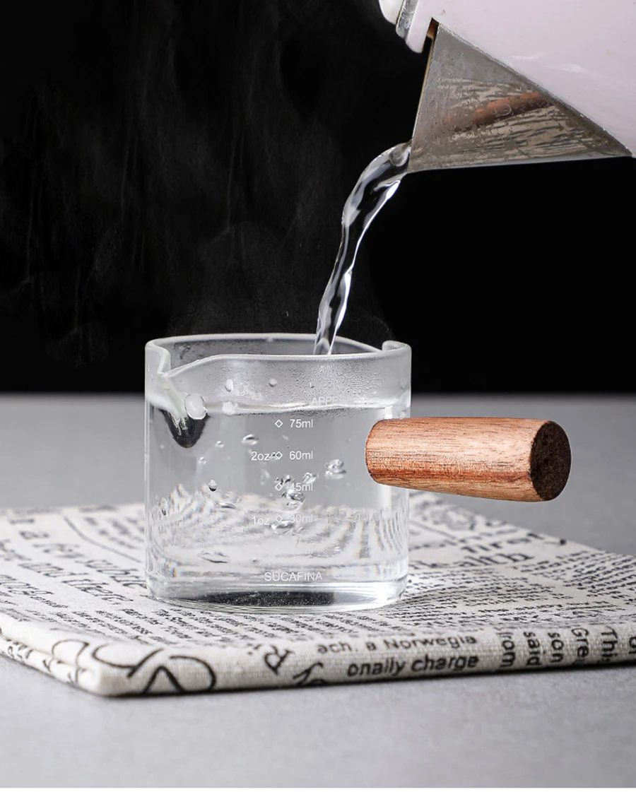 50/75/100ML Espresso Measuring Cup with Wooden Handle Double/Single Spouts Clear Coffee Shot Glass Heat Resistant Retro Milk Jug