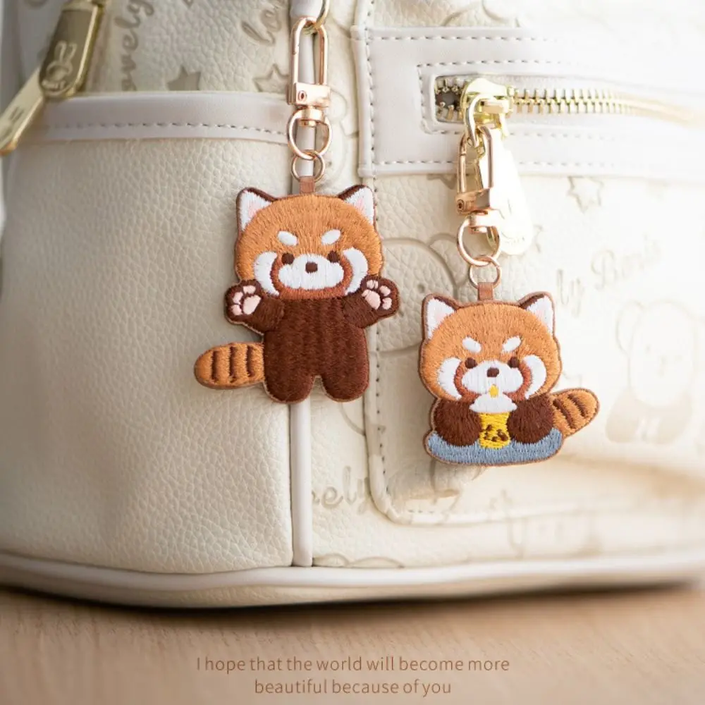 Panda Keyrchain Kawaii Animal Pendant Creative Red Panda Embroidery Pendant Zoo Gift Hanging Accessory Car Keyring