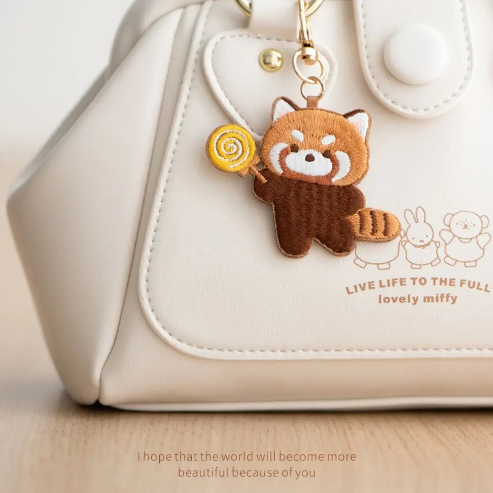 Panda Keyrchain Kawaii Animal Pendant Creative Red Panda Embroidery Pendant Zoo Gift Hanging Accessory Car Keyring