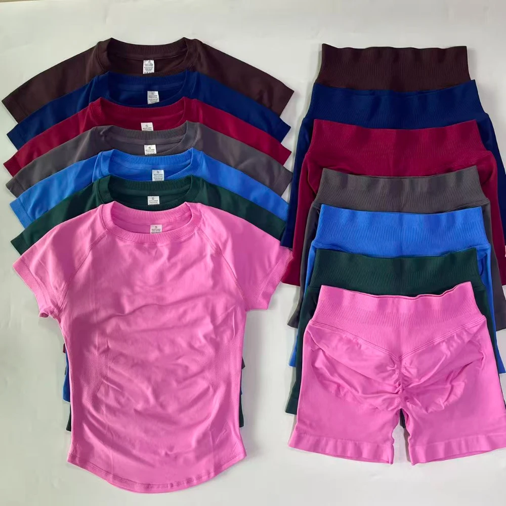 1-2 Pieces Sports Sets Short Sleeve Seamless Yoga Top Gym Suit T-shirt Set Fitness Set Women Workout Running Sports Shorts