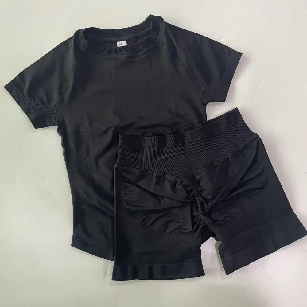 1-2 Pieces Sports Sets Short Sleeve Seamless Yoga Top Gym Suit T-shirt Set Fitness Set Women Workout Running Sports Shorts