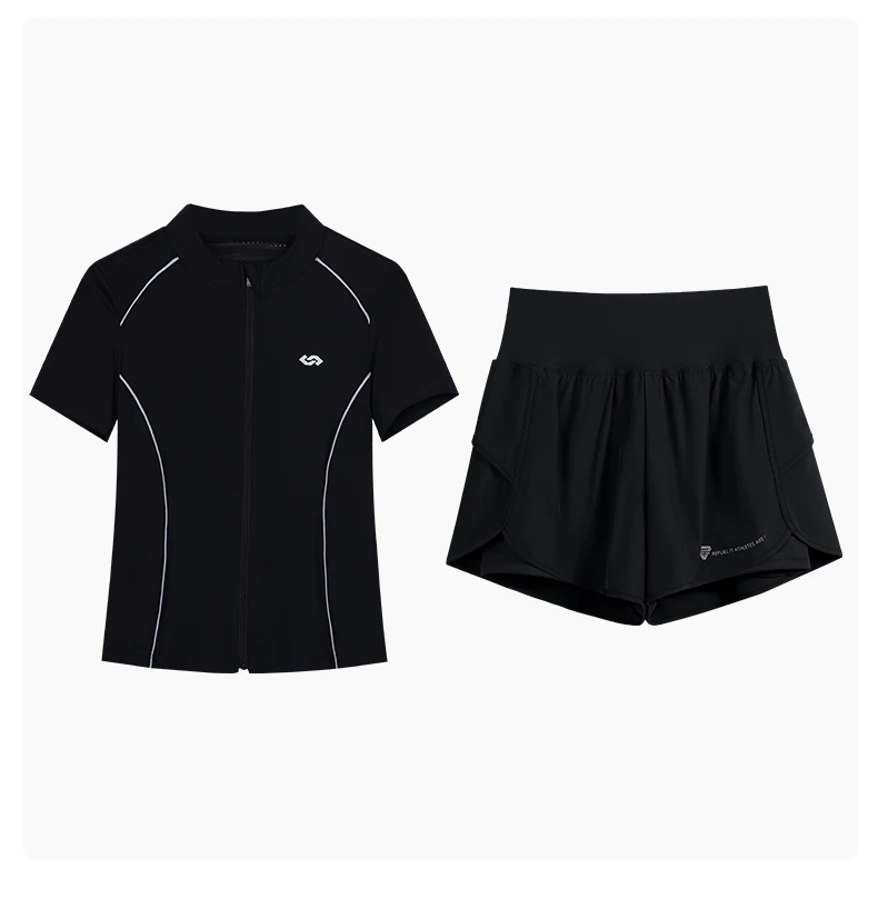 DRUR Breathable Gym Clothes for Women 2 Piece Summer Workout Sets Full Zip Sports Tops with Elastic Waist Shorts Active Wear New