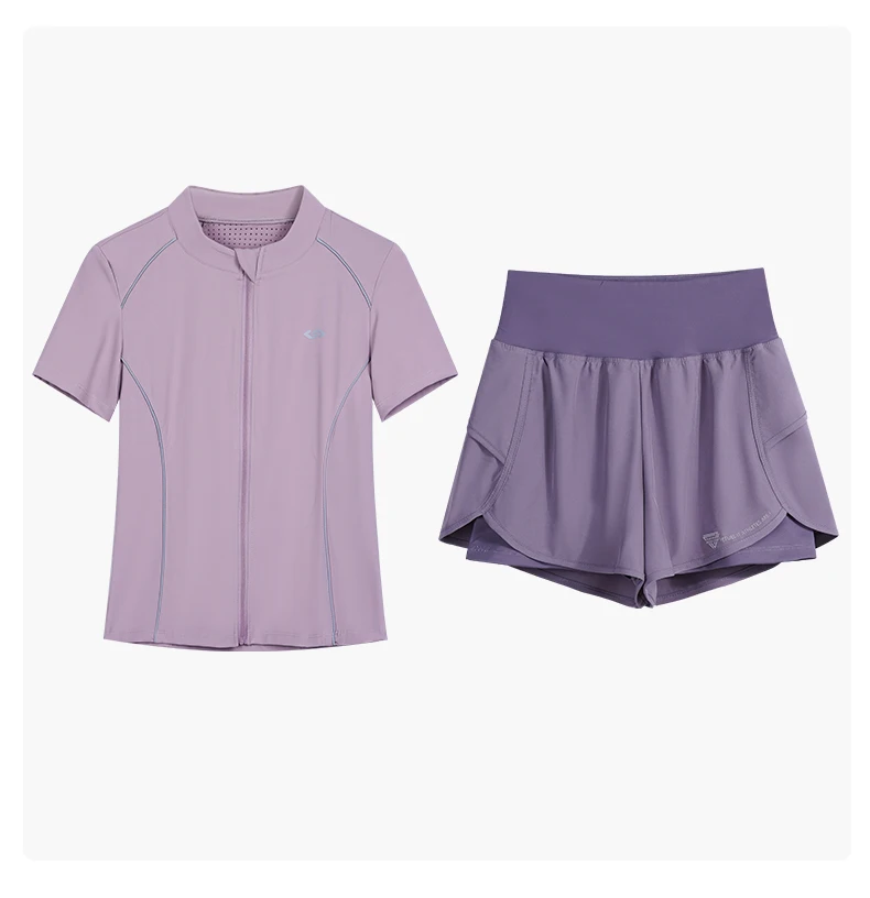 DRUR Breathable Gym Clothes for Women 2 Piece Summer Workout Sets Full Zip Sports Tops with Elastic Waist Shorts Active Wear New