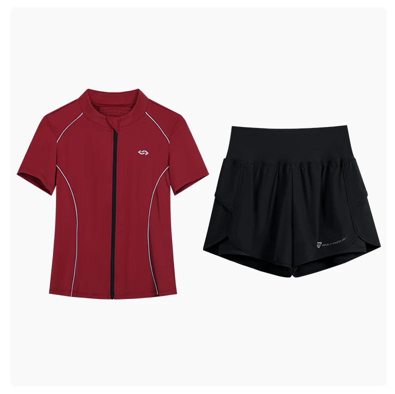 DRUR Breathable Gym Clothes for Women 2 Piece Summer Workout Sets Full Zip Sports Tops with Elastic Waist Shorts Active Wear New