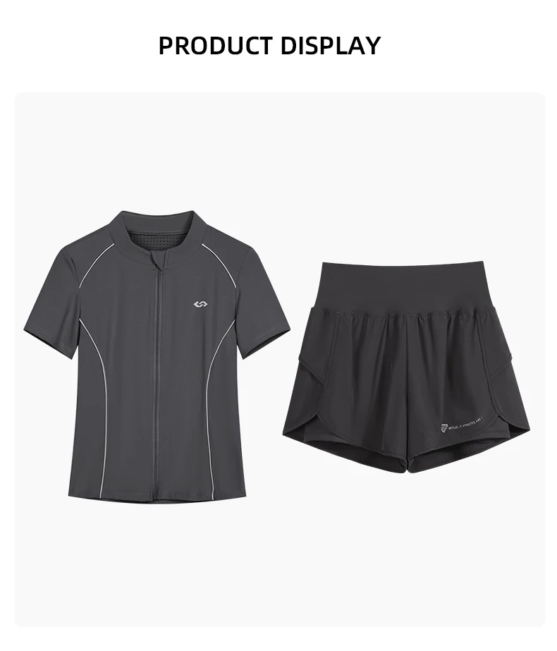 DRUR Breathable Gym Clothes for Women 2 Piece Summer Workout Sets Full Zip Sports Tops with Elastic Waist Shorts Active Wear New