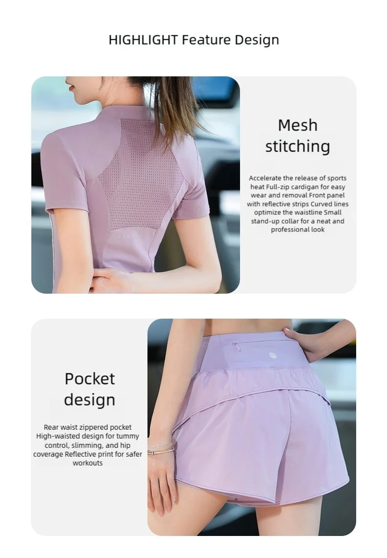 DRUR Breathable Gym Clothes for Women 2 Piece Summer Workout Sets Full Zip Sports Tops with Elastic Waist Shorts Active Wear New