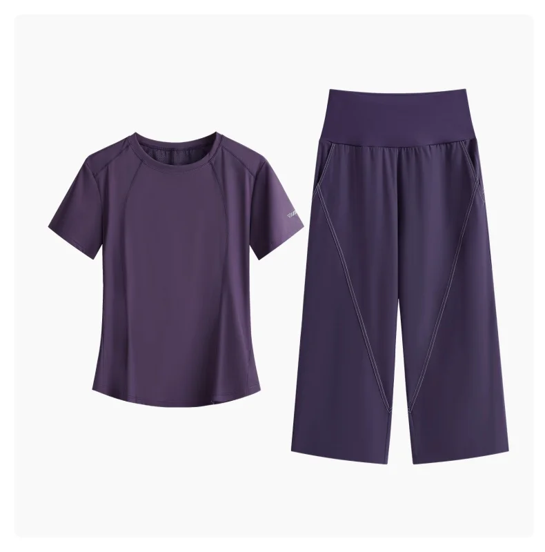DRUR Loose Fit Summer Yoga Set Women 2 Piece Lightweight Breathable Sport Shirts Sweatpants Suit 2pcs Sportswear Outfit Yogawear