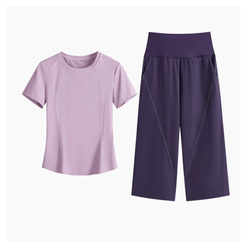 DRUR Loose Fit Summer Yoga Set Women 2 Piece Lightweight Breathable Sport Shirts Sweatpants Suit 2pcs Sportswear Outfit Yogawear