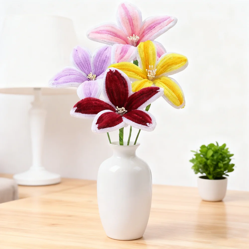 5Pcs Lily DIY Artificial Flower Chenille Stem Fluffy Wire Pipe Cleaners Twist Stick Children Educational Toys Creative Handcraft