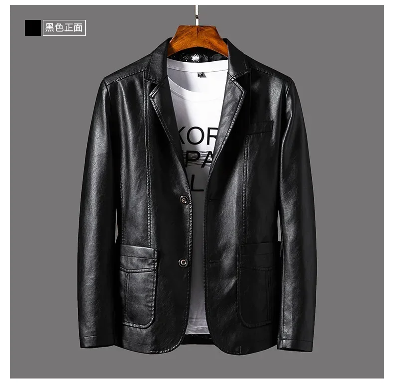 New Leather Jacket Men's Business Casual Lapel PU Leather Blazers Fashion Solid Slim Korean Style Leather Coat Big Size 6XL