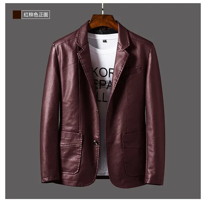 New Leather Jacket Men's Business Casual Lapel PU Leather Blazers Fashion Solid Slim Korean Style Leather Coat Big Size 6XL