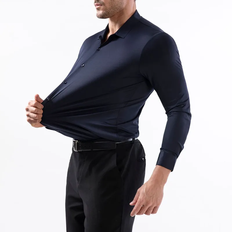 100KG Non-Iron Four-way High Stretch Men's Long Sleeve Shirt Silky Soft Sommth Blue Black Business Party Wedding Male Clothing