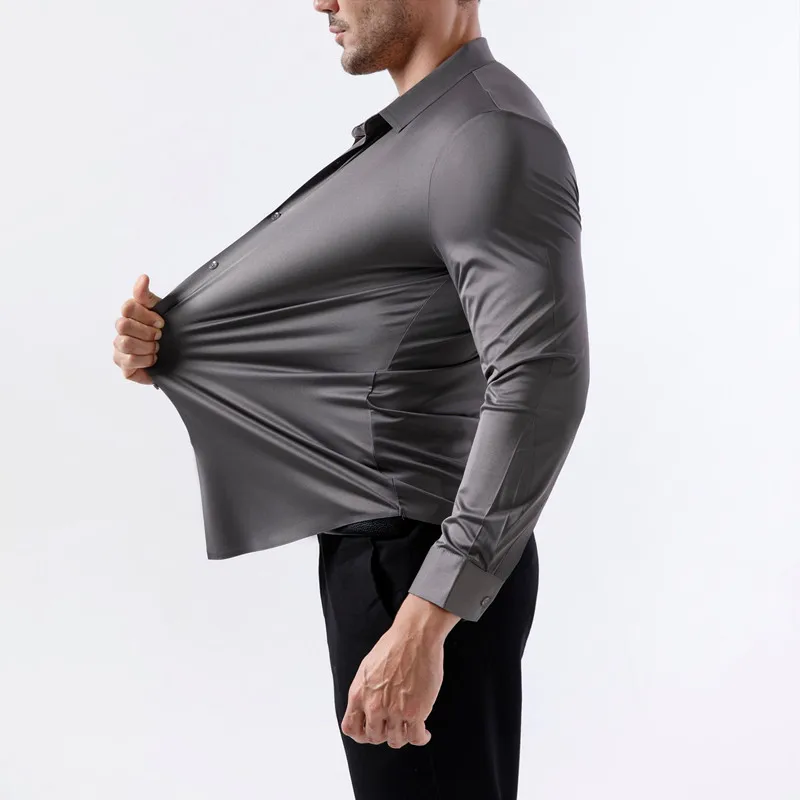 100KG Non-Iron Four-way High Stretch Men's Long Sleeve Shirt Silky Soft Sommth Blue Black Business Party Wedding Male Clothing