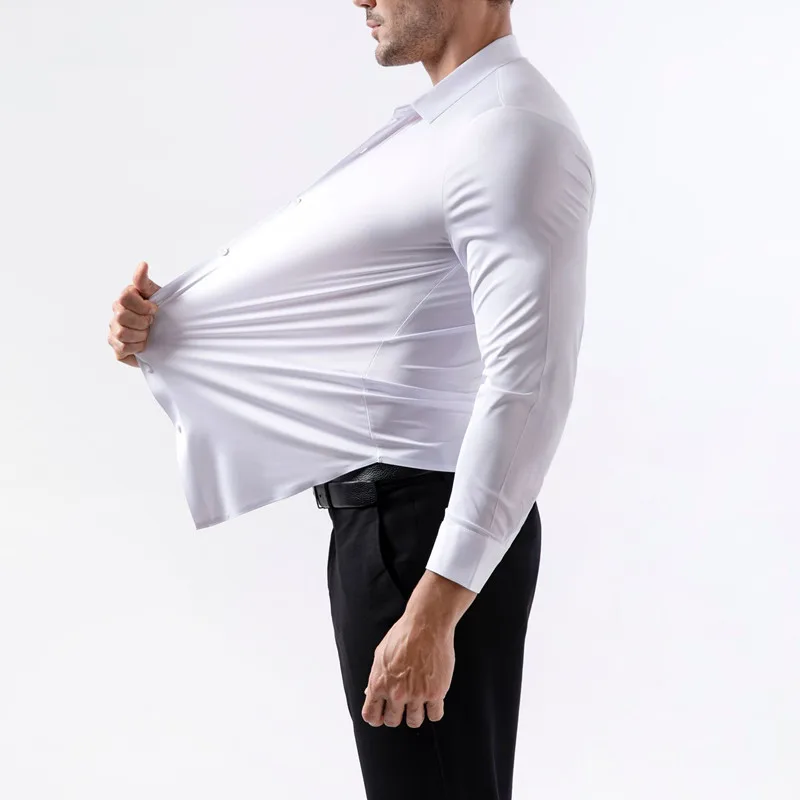 100KG Non-Iron Four-way High Stretch Men's Long Sleeve Shirt Silky Soft Sommth Blue Black Business Party Wedding Male Clothing