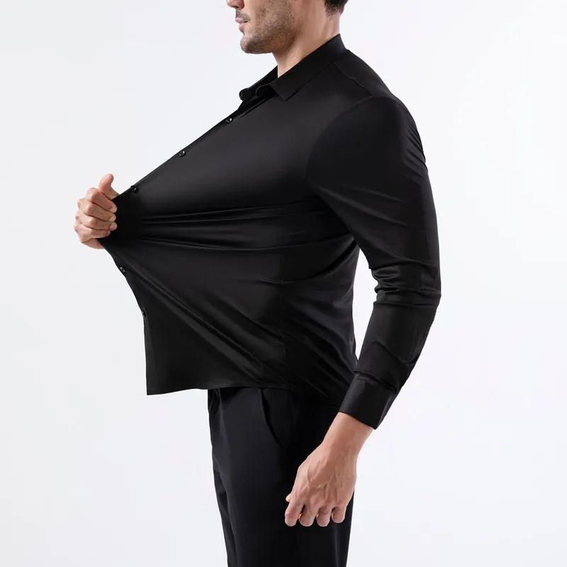 100KG Non-Iron Four-way High Stretch Men's Long Sleeve Shirt Silky Soft Sommth Blue Black Business Party Wedding Male Clothing