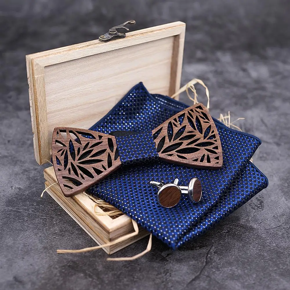 Wooden Bow Tie Handerchief Set Wood Bowtie Cufflinks Floral Ties Lapel Flower Brooch Corbata Gravata Tie for Men Noeud Papillon